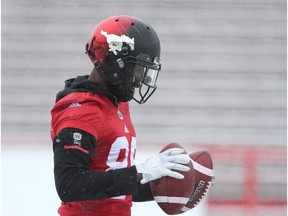 Stamps DaVaris Daniels juggles a pair of footballs during practice at McMahon Stadium in Calgary on Friday, November 16, 2018. The Stamps play the Winnipeg Blue Bombers in the CFL Western Final on Sunday. Jim Wells/Postmedia