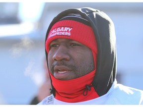 Stamps Brandon Smith talks to media following practice at McMahon Stadium in Calgary on Saturday. The Stampeders host the Winnipeg Blue Bombers in the CFL Western Final on Sunday. Photo by Jim Wells/Postmedia