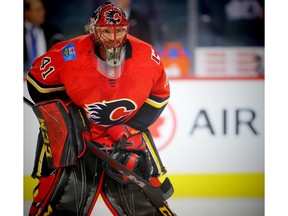 Calgary Flames goaltender Mike Smith during the pre-game skate before facing the Edmonton Oilers in NHL hockey at the Scotiabank Saddledome in Calgary on Tuesday, March 13, 2018. Al Charest/Postmedia