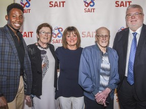 (L to R) Jesiahh Ahh (Electrical Apprenticeship 18), Ardis ODell (Randy ODells sister) and Sherry Payne (a longtime friend and colleague and the executrix of O'Dell's estate) join Clarence Hollingworth (1934 SAIT electrical program graduate) and Dr. David Ross, SAIT President and CEO, in celebration of the $2 million initial contribution to SAIT from the estate of Randy ODell to help create The Randy ODell Centre for Electrical Trades. Electrical apprentices in SAITs MacPhail School of Energy will be set up for success, thanks to the support of the ODell estate  from student awards to learning spaces to the equipment they require to become successful in their line of work. This is the largest legacy gift SAIT has received to date. Photo courtesy of SAIT.