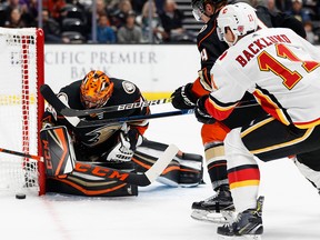 Flames Mikael Backlund is stymied by Ducks goaltender Ryan Miller on Nov. 7, 2018, in Anaheim.