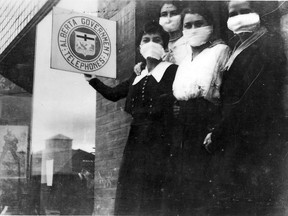 Telephone operators in High River wear masks as protection against the Spanish Flu during the 1918 pandemic. The flu would claim 4,308 victims in Alberta, compared with the 6,140 men from the province that were killed in action.