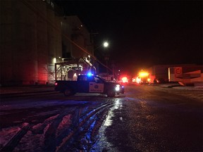 Emergency crews responded to an explosion on the top floor of a flour mill in southeast Calgary on Nov. 28, 2018.