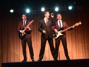 Alex Kelly and Daniel Greenberg with Evan Taylor Benyacar as Frankie Valli in Stage West's Jersey Boys
