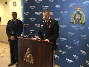 RCMP Supt. Superintendent Dave Kalist speaks to media at the Strathcona County Detachment on Saturday, Nov. 11, 2018. (Photo by Jonny Wakefield)