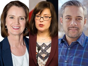 Former broadcaster Angela Kokott (left) Alberta Justice Minister Kathleen Ganley (centre) and Liberal leader David Khan (right) are all running for the Calgary-Mountain View seat in the 2019 Alberta election.