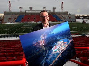 Fergal Duff, Calgary 2026 director for venues, villages and capital infrastructure, holds a rendering showing what McMahon Stadium would look like if Calgary were to host the 2026 Winter Games. He was photographed at the stadium on Friday, Nov. 9, 2018.