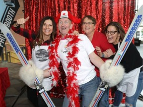 Michael (Eddie the Eagle) Edwards hams it up as hundreds came out to support the Yes vote and rally for the 2026 Winter Olympics at the Calgary Telus Convention Centre on Monday Nov. 5, 2018.