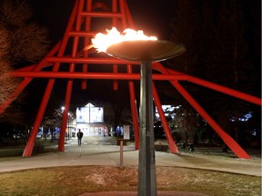 The Olympic cauldron lit up at the Olympic Oval in Calgary on Tuesday Nov. 13, 2018.