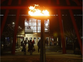 The Olympic cauldron lit up at the Olympic Oval in Calgary on Tuesday Nov. 13, 2018.