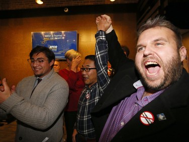 No Calgary react as they win the the plebiscite for the Olympics 2026 at the Kensington Legion in Calgary on Tuesday, Nov. 13, 2018.