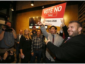 No Calgary react as they win the the plebiscite for the Olympics 2026 at the Kensington Legion in Calgary on Tuesday November 13, 2018. Darren Makowichuk/Postmedia