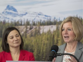 Premier Rachel Notley and Shannon Phillips, Alberta Minister of Environment and Parks announced a proposal to create a new public land and parks area called Bighorn Country on November 23, 2018 in Edmonton.  Shaughn Butts / Postmedia