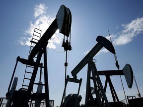 Pumpjacks at work pumping crude oil near Halkirk, Alta.