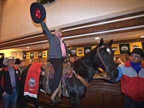 Fletcher Armstrong rides in 1/4 horse Tuffy, through the lobby of the Chateau Lacombe as per Grey Cup tradition, in Edmonton, November 22, 2018.