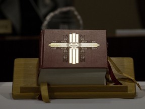 A Bible is visible inside a Catholic school board meeting at 9807 106 St. in Edmonton on Oct. 30, 2017.