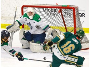 Fraser Valley Thunderbirds goalie Dawson Pelletier with a save on a shot by Lucas Jones of the Calgary Northstars during the Mac's AAA hockey tournament at Max Bell Centre on Wednesday, December 26, 2018. Al Charest/Postmedia