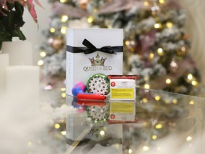 Queen of Bud cannabis store in Sunalta has created Christmas gift boxes to capitalize on the popularity of giving cannabis as gifts this Christmas. The gift box was photographed on Thursday 13, 2018.  Gavin Young/Postmedia