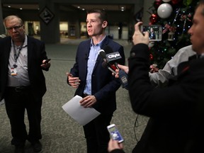 Calgary City Councillor Jeromy Farkas speaks outside council chambers on Thursday morning December 20, 2018. Farkas says evidence shows his fellow councillors made a mistake when they ejected him from a council meeting.