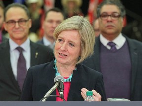Alberta Premier Rachel Notley speaks during a massive funding announcement in Calgary on Tuesday, December 18, 2018. She his joined by Finance Minister Joe Ceci (L) and Calgary Mayor Naheed Nenshi (R). The announcement will help fund the expansion of BMO Centre and could be applied to an Arts Commons expansion and will also allow for infrastructure upgrades to Victoria Park. Jim Wells/Postmedia