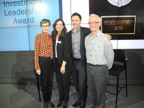 Pictured, second from left, is Renee Hopfner, recipient of the 2018 Hazel Gillespie Community Investment Leadership Award with her proud mom Yvonne LeBlanc, husband Cory Hopfner, and his father Alec Hopfner.