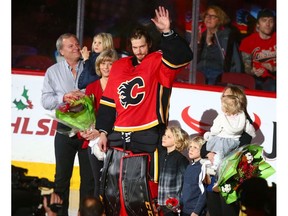 When Flames goalie Mike Smith was honored during his 500th NHL game on Dec. 16, 2017, his father Ron was on hand, along with mom Ingrid, wife Brigitte and kids Aksel, Ajax Nixon and Kingsley. Postmedia file photo.