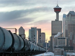 Oil cars are seen as they pass east of the Inglewood neighborhood in southeast Calgary on Thursday, November 29, 2018. Jim Wells/Postmedia