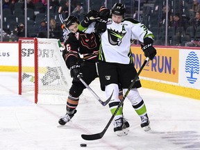 The Calgary Hitmen and Edmonton Oil Kings were forced to play extra time Saturday night, with the Hitmen coming out on top 4-3 in OT. Photo courtesy Calgary Hitmen.
