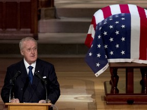 Former prime minister Brian Mulroney speaks during the State Funeral for former president George H.W. Bush at the National Cathedral, Dec. 5, 2018 in Washington, DC.