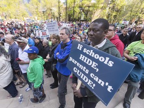 A rally protesting GSAs in schools at McDougall Centre in Calgary on May 14, 2016.