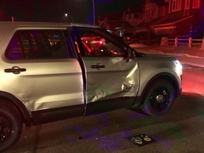 This RCMP supplied photos shows damage to a police cruiser after a fleeing suspect allegedly rammed a police officer, and their cruiser on Saturday, Dec. 1, 2018. (supplied)