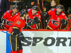 Calgary Flames forward James Neal celebrates with teammates after scoring against the San Jose Sharks at the Scotiabank Saddledome on Dec. 31, 2018.