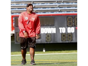 Calgary Stampeders Defensive Coordinator, DeVone Claybrooks was back at practice after health issues at McMahon stadium in Calgary on Friday August 31, 2018. Darren Makowichuk/Postmedia