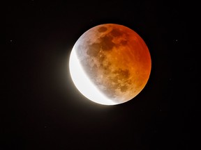 A Super Blood Wolf Moon is seen during a total lunar eclipse on January 20, 2019 in Marina Del Rey, California.