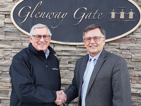 Doug Sutherland, director of Gracewood Housing, Trinity Place Foundation of Alberta (L) and Lawrence Braul, CEO, Trinity Place Foundation of Alberta (R) in front of Glenway Gate, one of TPFA’s 18 seniors’ housing properties. Supplied photo, for David Parker column. January 2019.