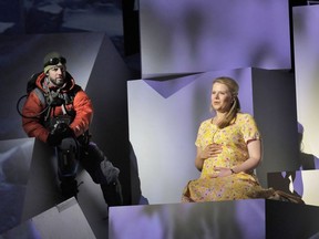 Andrew Bidlack portrays doomed climber Rob Hall and Sarah Larsen as his wife Jan Arnold in Calgary Opera's production of Everest. Courtesy, Cory Weaver, Lyric Opera