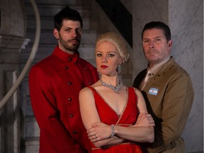 Gavin Logan, left, as revolutionary Che Guevera, with Selena Fisher as Eva Peron and James Noonan as Juan Peron in Front Row PLayers' Evita.