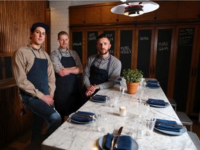 Chefs from left; Nick Berenyi, Zander Hamm and Bern Glatz with the Nights and Weekends pop up restaurant pose for a photo before opening for the night in the Meat and Bread sandwich shop on Thursday, January 10, 2019.   Gavin Young/Postmedia