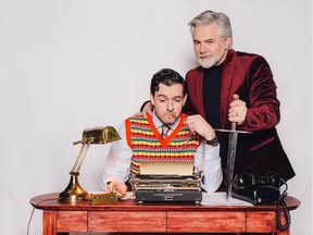 Tyrell Crews, seated, and Mark Bellamy in Vertigo Theatre's Deathtrap. Photo courtesy, diane + mike photography.