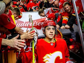 Calgary Flames Johnny Gaudreau takes the ice for pre-game skate before his team's NHL hockey game against the Vancouver Canucks during NHL hockey at the Scotiabank Saddledome in Calgary on Saturday, December 29, 2018. Al Charest/Postmedia