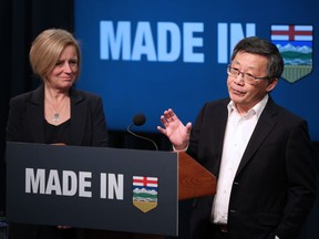 Premier Rachel Notley and Columba Yeung, chairman and CEO of Value Creation Inc., announce a $440-million loan guarantee for the company to support construction of new upgrading infrastructure in Alberta, during a news conference at the McDougall Centre in Calgary on Tuesday.