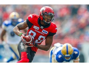 Calgary Stampeders Kamar Jorden runs after a catch against the Winnipeg Blue Bombers during CFL football in Calgary on Saturday, August 25, 2018. Al Charest/Postmedia