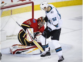 San Jose Sharks' Lukas Radil, right, has his shot stopped by Calgary Flames goalie David Rittich, of the Czech Republic, during second period NHL hockey action in Calgary, Monday, Dec. 31, 2018.
