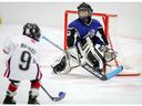 Minor Novice Division 3 - Northwest Warriors Christopher Howell takes a shot on Benjamin Degenhardt of the Lake Bonnavista Breakers during the opening of Esso Minor Hockey Week on Saturday, January 12, 2019 at Flames Community Arena.  Al Charest/Postmedia