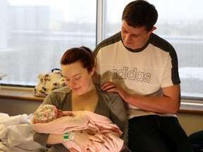 Calgary's New Year's baby Aryia Dockrell and parents Shauna McIntyre-Dockrell and Martin Dockrell at the Rockyview General Hospital on Jan. 1, 2019.