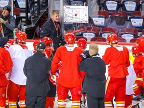 Head coach Bill Peters and the Calgary Flames prepare for the 2018 home opener at the Scotiabank Saddledome in Calgary on Friday, October 5, 2018. Al Charest/Postmedia