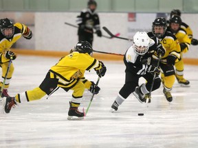 Crowfoot in black and Bow River players battle it out in the Atom 4 North Division final at the Murray Copot Arena in Calgary on Sunday March 18, 2018. The game was one of many across the city over the weekend during the 2018 Hockey Calgary City Championships.  Gavin Young/Postmedia