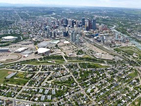 Current view of the area in the Rivers District Master Plan, with the Saddledome to the left.