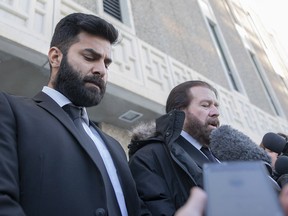 Jaskirat Singh Sidhu leaves provincial court with his lawyer Mark Brayford (right) in Melfort, Sask., Tuesday, Jan. 8, 2019. Sidhu, the Calgary driver of a transport truck involved in a deadly crash with the Humboldt Broncos junior hockey team's bus, has pleaded guilty to all charges against him.