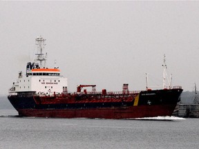 The oil and chemical tanker Esta Desgagnes makes her way west on the St. Lawrence River on Dec. 17, 2018 in Brockville, Ont. The Alberta Party said in a news release this week that if Ottawa is truly serious about protecting marine habitats, then prohibiting oil tankers should apply to the Atlantic and Pacific coasts equally, noting the endangered status of the Beluga whale in the St. Lawrence.